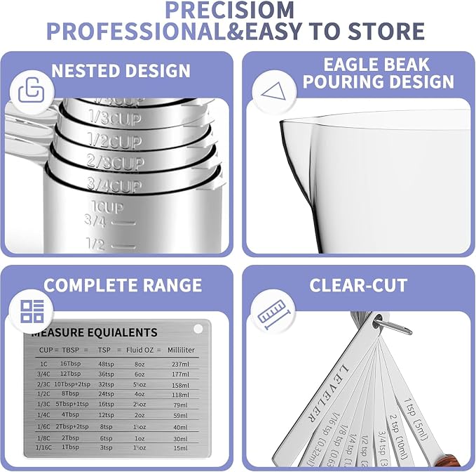 Stainless Steel Measuring Cups and Spoons Set, 6 Stainless Steel Measuring Cups, 7 Measuring Spoons & 1 Leveler, 3 Plastic Measuring Cup with 1 Measuring Conversion Chart