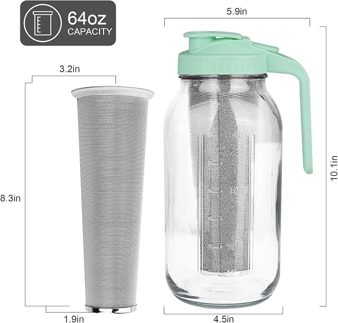 Cold Brew Coffee Maker, 64 oz Mason Jar Pitcher with Stainless Steel Filter, Pour Spout Handle Lid, Heavy Duty Glass Airtight & Leak-Proof for Iced Coffee,Tea & Lemonade