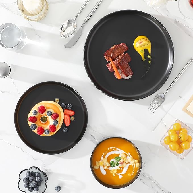 MALACASA 12 Pcs Porcelain Plates and Bowls Sets,Dinnerware Set for 4,Black | Modern Ceramic Dishware Set,Kitchen Dining Ware,Microwave and Dishwasher Safe,Simple Matt Black Design,Series LUNA