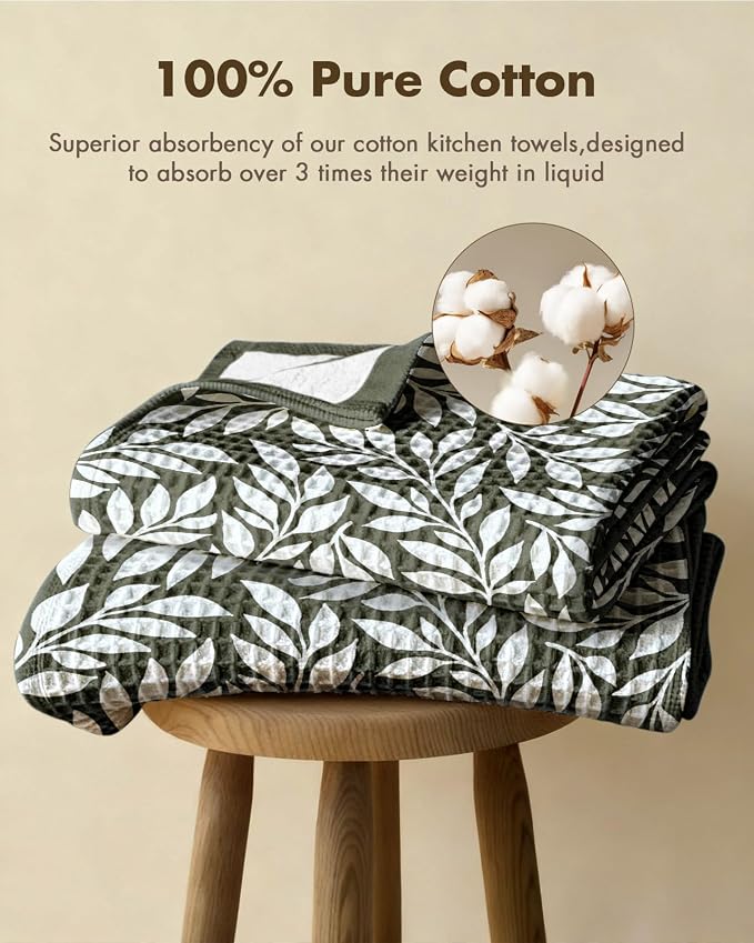 370GSM Cotton Waffle Kitchen Towels, Leaf | Pure Cotton, Sustainable, Waffle Weave, Terry Cloth, Highly Absorbent, Decorative, 16"x25", with Hanging Loop