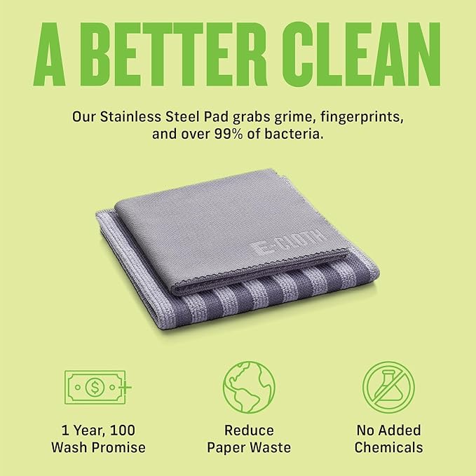 E-Cloth Stainless Steel Cleaning Cloth Pack - Wipes Clean with Water | Glass & Polishing + Stainless Steel Cleaner Cloth for Appliances, Cars & More, Reusable & Washable Towels