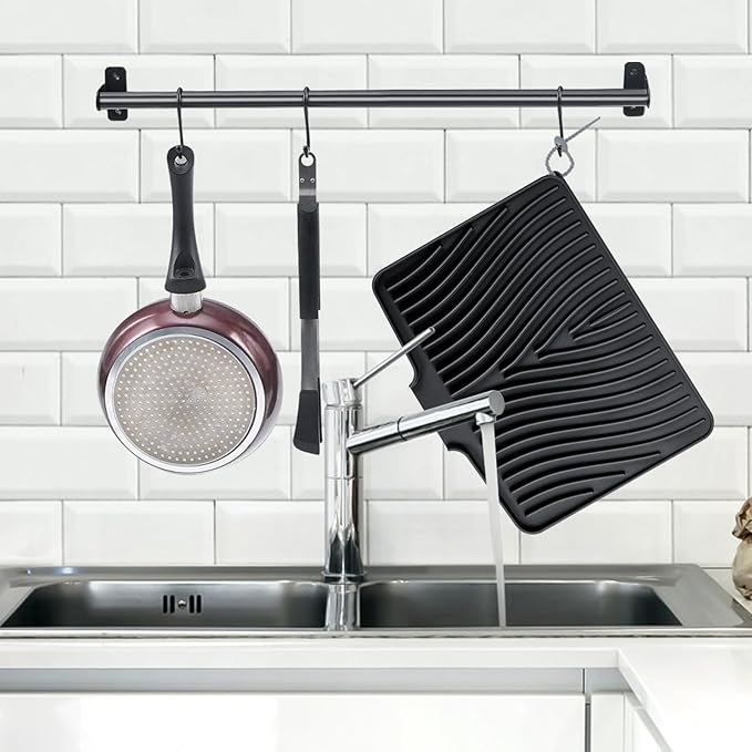 TIKNIK Silicone Dish Drying Mat for Kitchen Counter, Black-2pcs, 16" x 12" | Heat Resistant & Non-Slip Dish Drain Pad with Built-In Drain, Dishwasher Safe, Quick-Dry, Hangable & Roll-Up for Storage