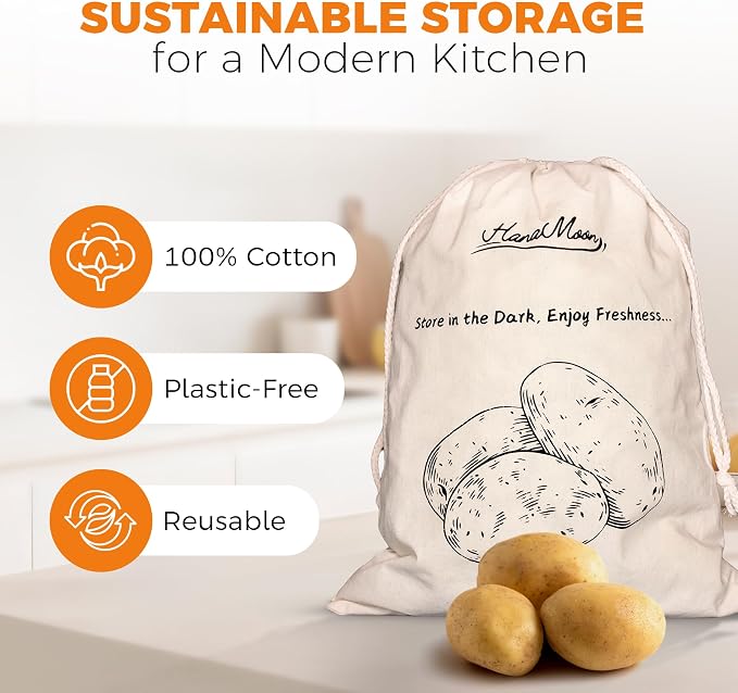 3-Pack Cotton Storage Bags for Potato, Onion & Garlic – Reusable Drawstring Produce Bags – Breathable, Eco-Friendly, Washable – 2 Large (40×30 cm) + 1 Small (25×20 cm)