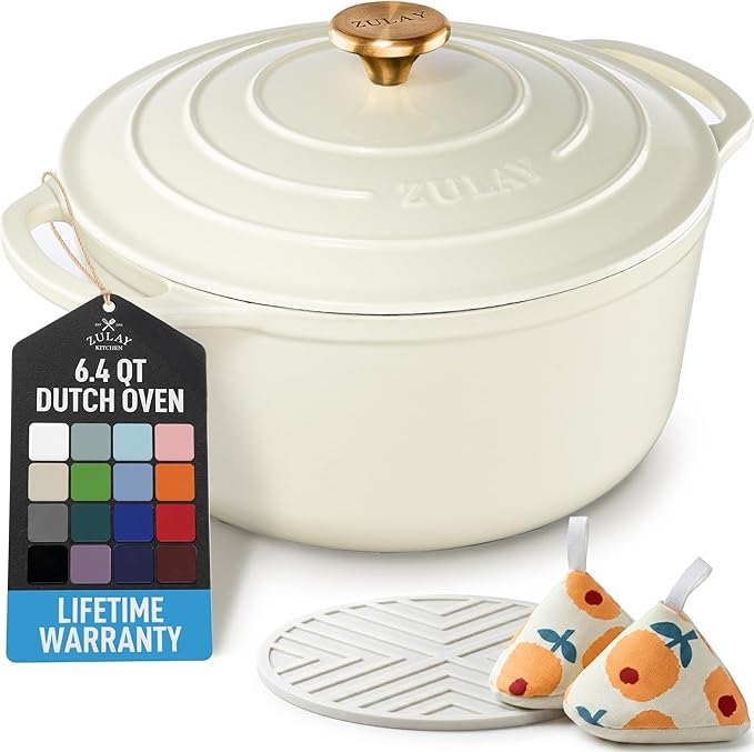 Zulay Kitchen 6.4QT Enameled Cast Iron Dutch Oven Pot with Lid, Heavy-Duty Soup Pot for Stews, Braising, Roasting & Sourdough Bread Baking, Oven Safe up to 500°F - Ivory