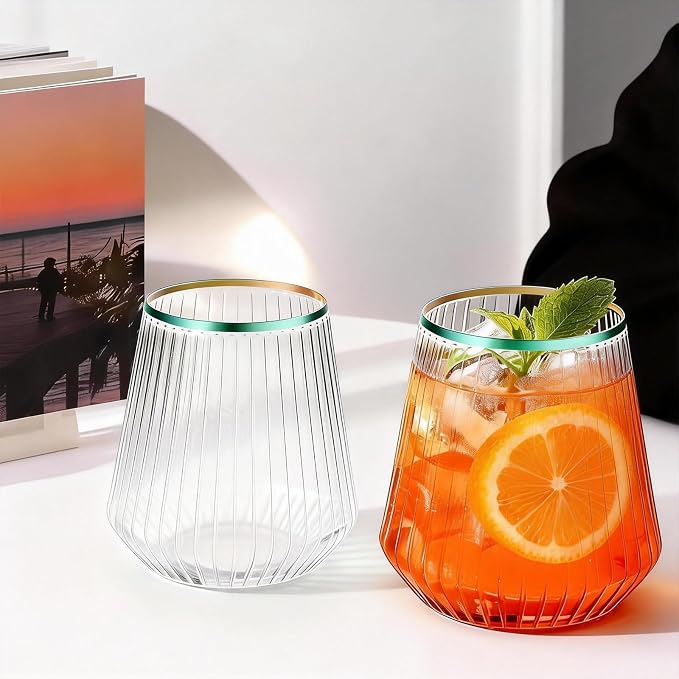 BESTSTAR 36 Pcs 12 oz Plastic Clear Green Rim Ribbed Wine Glasses | Origami Ripple Disposable Champagne Glasses Elegant Whiskey Glasses Ideal for Weddings,Bars,Christmas, Pool Party, Daily Use