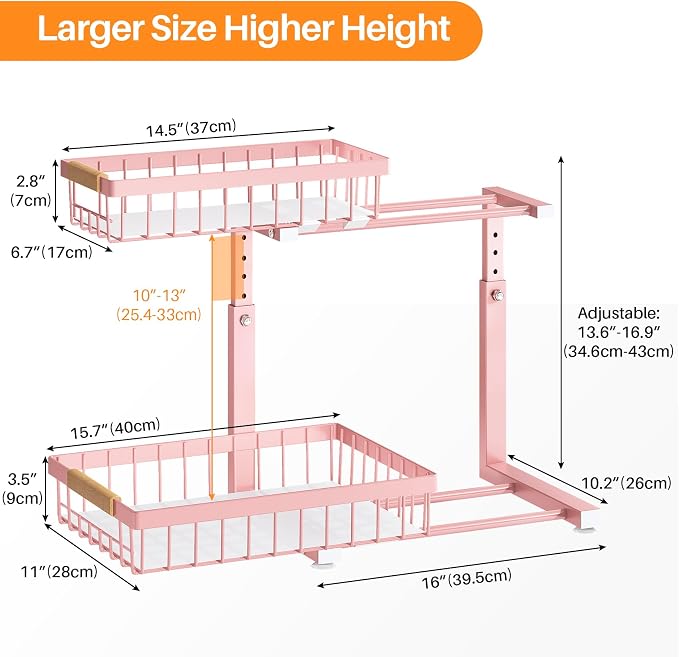 PXRACK Under Sink Organizer, Adjustable Height, 2 Tier Pull Out Under Cabinet Organizer, Slide Out Thickened Metal Under Sink Storage for Kitchen Bathroom Laundry Pantry Cabinet, Pink, Large-2-Pack