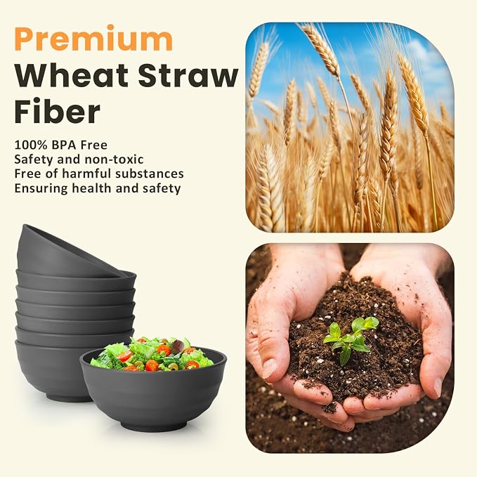 Wheat Straw Bowls Set of 8, 60oz Extra Large Unbreakable Bowls - Lightweight Alternative to Plastic Serving Bowls for Cereal, Ramen & Soup, Microwave Safe for Outdoor Activities (Grey)