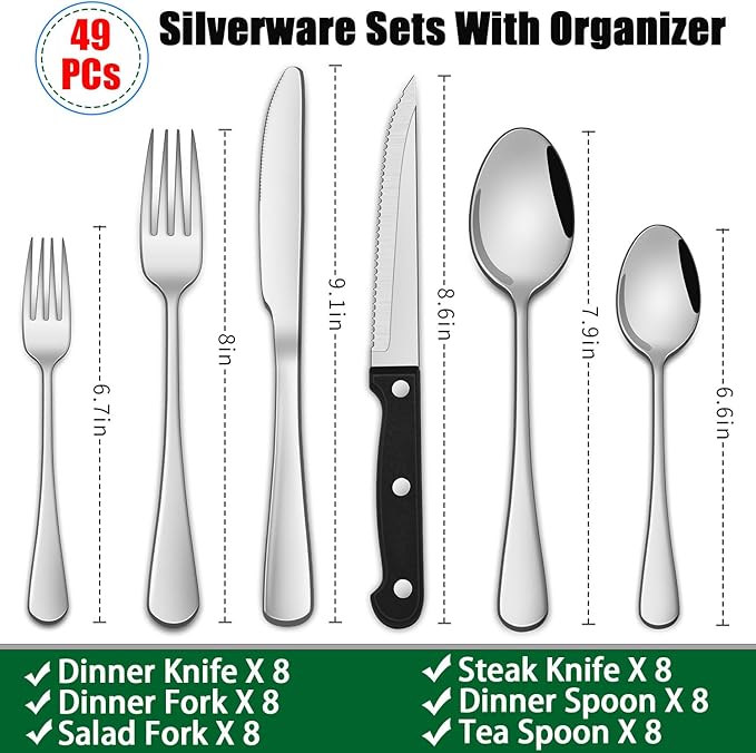 49 Pieces Silverware Sets With Organizer And Steak Knives, Stainless Steel Flatware Sets Service For 8 Person, Tableware Cutlery Sets, Includes Knife Spoon and Forks Sets