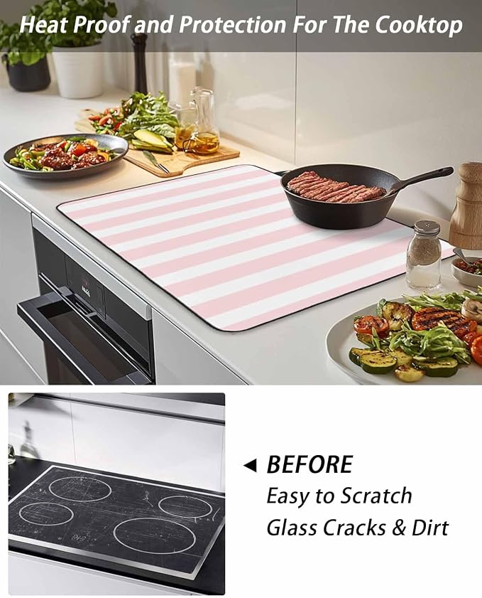 Stove Top Covers for Electric Stove 31x24 Inches, Pink Stripes HeatResistant Glass Cooktop Protector, Modern Farmhouse Pink White Vertical Striped Ceramic Stovetop Countertop Covers Mat, Oven Cover