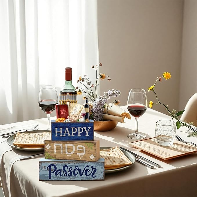 Lineshading 4 Pcs Wooden Passover Block Signs Farmhouse Tiered Tray Decor | Rustic Tabletop Centerpiece, Hebrew Text Design, Menorah Wine Matzo Elements, Gift for Jewish Home Table Decoration