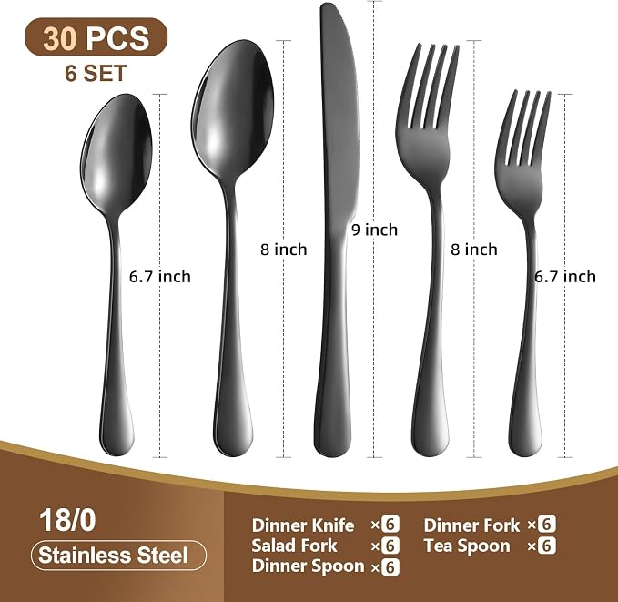 Black Silverware Set, 30 Piece Flatware Cutlery Set for 6, 18/0 Stainless Steel Silverware, Mirror Polished Cutlery Utensil Set Includes Knife Fork Spoon For Home Kitchen Restaurant Gift