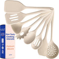 NonToxic Platinum Silicone Utensils, 100% Plastic-Free, 8-Pcs, Beige | LFGB-certified platinum silicone. Solid steel core, no hidden plastics. 500°F heat resistant. Non-scratch. Dishwasher safe