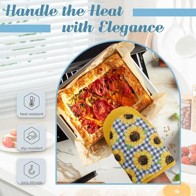 Ribbed Mini Oven Mitts 2-Pack Set, 5.5"x8.5", Sunflower Printed, Heavy Duty Cotton, Non-Slip Heat Resistant Soft Silicone Oven Mitts with Hanging Loop for Cooking Kitchen Decor