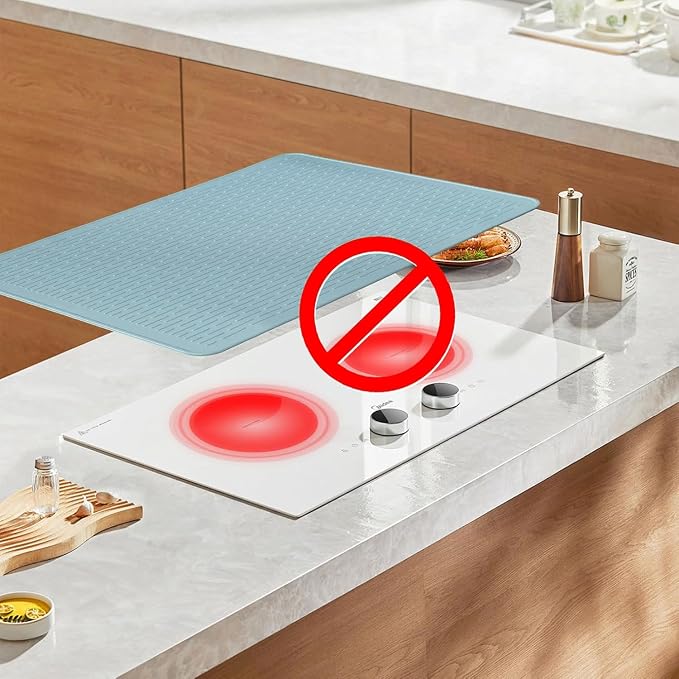 Stove Top Cover for Electric Stove - Food Grade Ceramic Stove top Cover, Silicone XXL Dish Drying Mat, Glass Cooktop Covers, Flat RV Range top Mats (Blue Thickened,28x20)