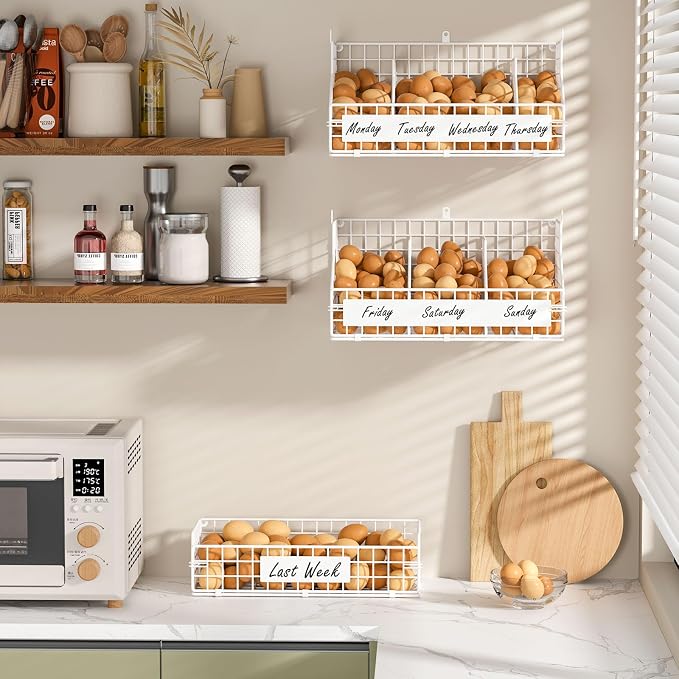 keomaisyto Egg Holder Countertop with 5 Dividers & DIY Nameplate | 3 Tier Stackable Wire Storage Baskets for Gathering Fresh Eggs, Wall-Mounted XXL Egg Rack, White (Patent Pending)