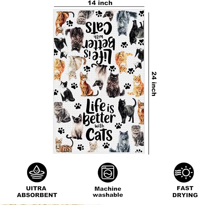 Jztco Cute Cat Kitchen Towels, Floral Cats Gifts Reusable Hand Towels | Cat Lover Gifts for Women Mom, Waffle Dish Towels for Kitchen Home Bathroom Decor 24x14 Inch