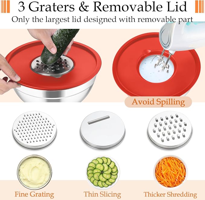 TeamFar Mixing Bowls, Stainless Steel Nesting Salad Bowls Set | Mixing Bowls with Lids & 3 Grater Attachments, For Mixing/Serving/Storing, Non-toxic & Long-lasting, 4.6/3/1.5 QT, Colorful