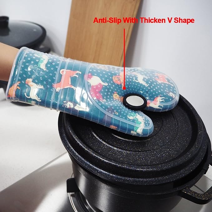 Oven Mitts with Transparent Clear Silicone Shell and Nice Dog Printing | Potholders Cotton Lining Set of 2, Heat Resistant to 500 F Kitchen Oven Gloves for Cooking (Blue Dog, Potholders)