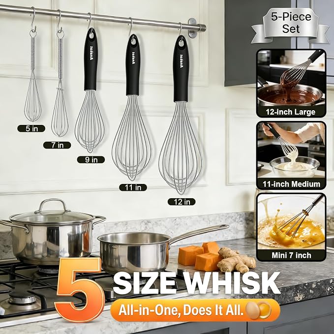 Anaeat Stainless Steel Kitchen Whisk Set of 5, Milk and Egg Beater Blender with Thick Wire for Whisking, Cooking, Baking, Beating and Stirring - 5"+7" Mini Whisk and 9''+11''+12'' Balloon Whisks