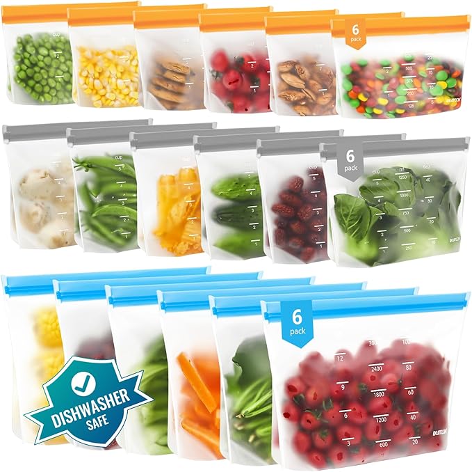 Dishwasher Safe Reusable Storage Bags Stand Up - BPA Free Reusable Sandwich Bag - Leakproof Gallon Freezer Bags, Food Storage Bags - Multicolor 6 Large + 6 Sandwich + 6 Snack Bags