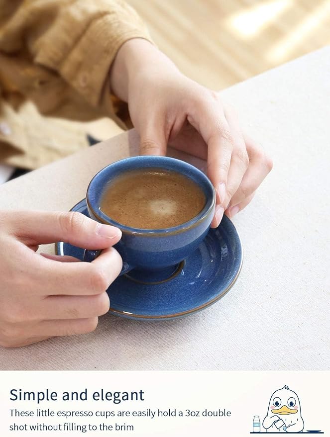 LE TAUCI 6 oz Cappuccino Cups with Saucers, Set of 4 Ceramic Coffee Cup and Saucer Set for Latte, Au Lait, Flat White, Mocha, Tea, Embossed Coffee Cups, Ceylon Blue
