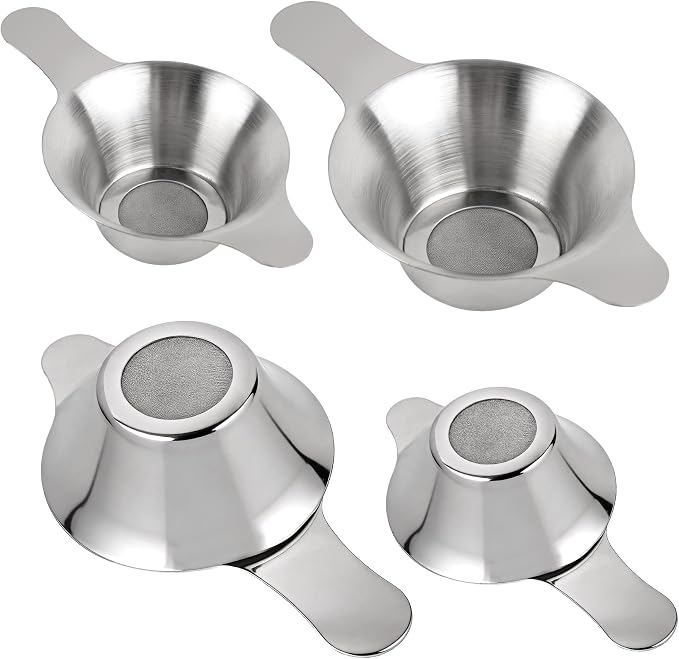 AUEAR, 4 Pack Stainless Steel Tea Strainer Fine Mesh Infuser Funnel Different Size Leaf Filter with Double Handles for Coffee Flour Sugar