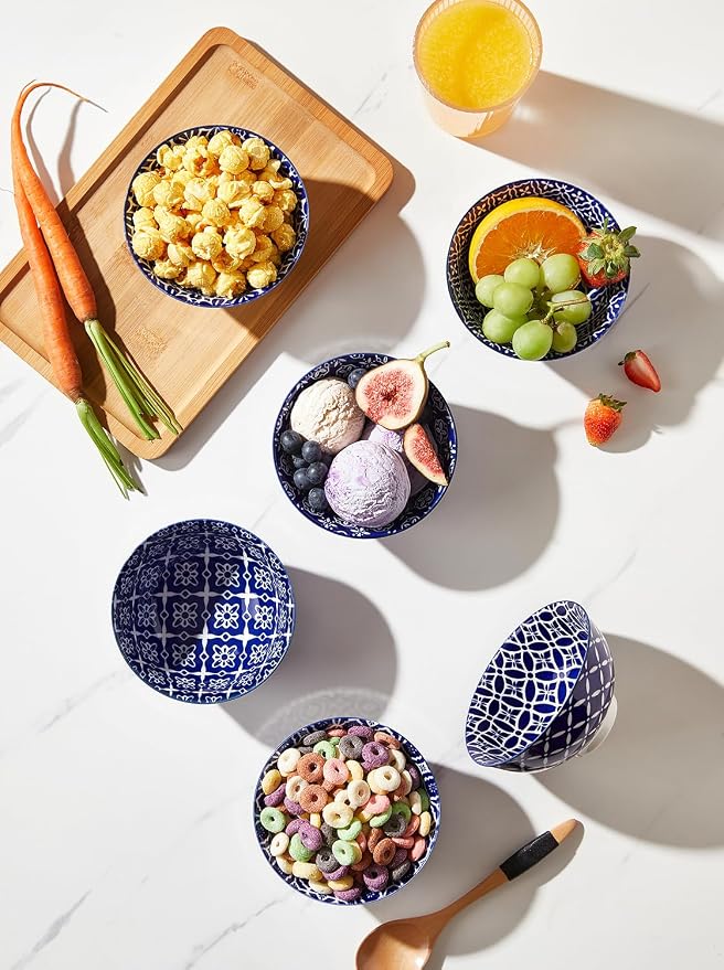Metahom Small Bowls Set of 6, Ceramic Dessert Bowls, 10 Oz, Blue and White | Porcelain Decorative Bowls for Ice Cream, Snack, Condiments, Side Dishes, Dishwasher & Microwave Safe, Stackable Design