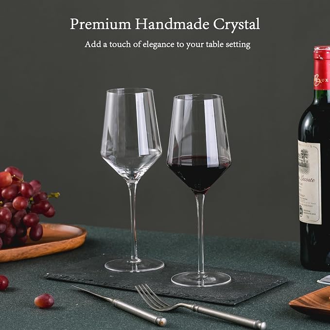BACLIFE Hand Blown Red Wine Glasses Set of 4 – 15 oz Premium Crystal Wine Glasses With Long Stem – Unique Gift for Father's Day, Birthday, Wedding, Daily Use