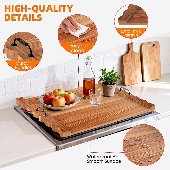 Latest wave-patterned wooden stove top cover, stylish pine panel stove top cover,suitable for gas stoves with 4 and 5 burners, food tray, kitchen stove tray. (Dark wood color)