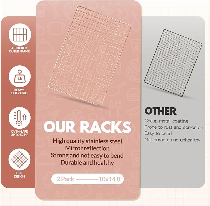2 PCS Cooling Racks for Cooking and Baking, 14.8x10 Inches Stainless Steel Cooling Rack, Sheet Pan with Wire Rack for Baking Sheet, Bacon Rack Oven Safe Fits Jelly Roll Sheet Pan