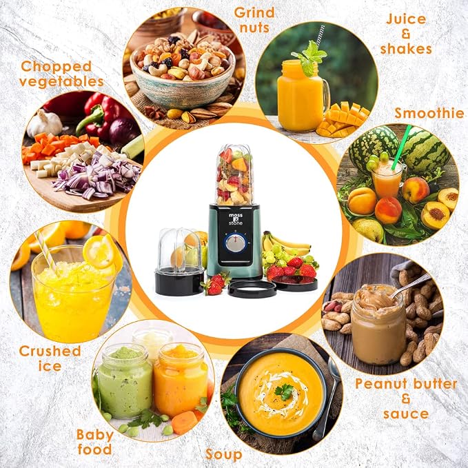 Moss & Stone Personal Smoothie Blender, Single Serve Blender for Shakes & Protein, 17oz Blend Cup & 10oz Grind Cup, Compact Mini Design for Home, Office, Gym & Travel