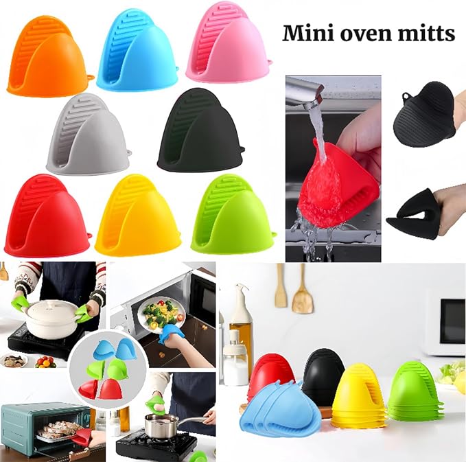 2 Pairs All Black Mini Silicone Oven Gloves, Mini Finger Protector Pot Holder for Kitchen,Cooking,Baking,BBQHeat Resistant Gloves，can be Washed in the Dishwasher