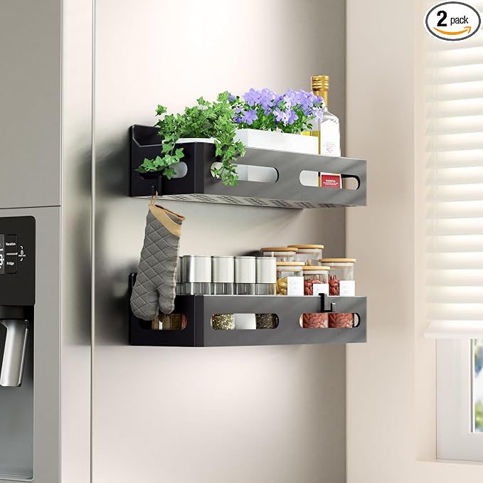 2-Pack Magnetic Spice Rack for Refrigerator with Hooks, Black | Strong multipurpose magnetic shelf for kitchen & bathroom organization. Includes 4 removable hooks for hanging items.