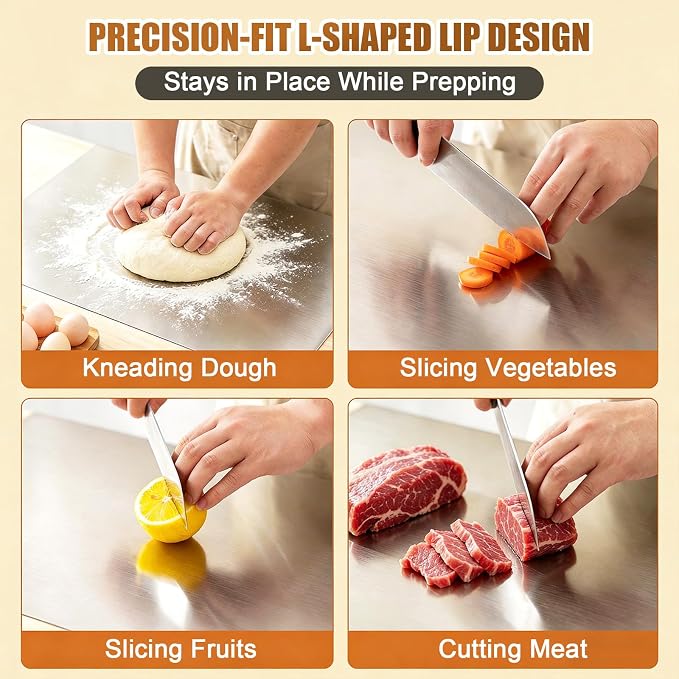 Stainless Steel Cutting Board with Lip, Non Toxic Kitchen Countertop Stainless Steel Cutting Board, Dishwasher Safe Metal Chopping Board for Meat, Fruits, Vegetables, Baking (40 x 30cm/15.7 x 11.8 in)