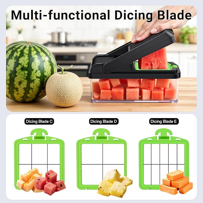 15-in-1 Vegetable Chopper with 10 Blades, Food Veggie Cutter, Green | Includes Egg Separator, Food Container and Finger Guard, Non-slip Base, for Chopping, Slicing, Shredding, and Mincing
