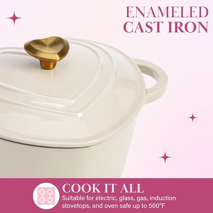 Paris Hilton Enameled Cast Iron Dutch Oven Pot with Lid, Heart-Shaped Dutch Oven, Durable Cast Iron Pot with Dual Handles, Oven Safe to 500°F, Works on All Stovetops, 2-Quart, Cream