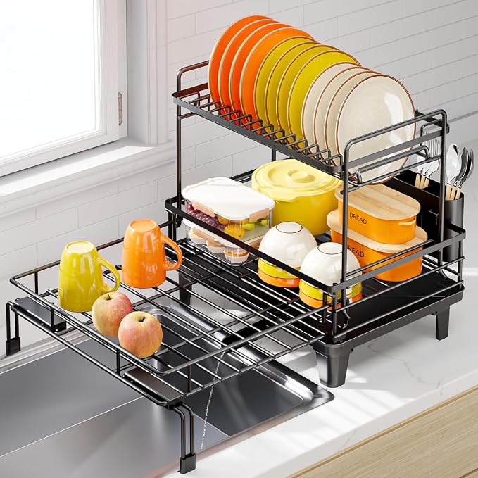 Urackify Expandable Sink Dish Drying Rack for Kitchen Counter, 2-Tier Black | Large Dish Racks, Sink Dish Drainer, Rustproof Dish Strainer with Utensil Holder, 12.3"-20.5" L x 15"W