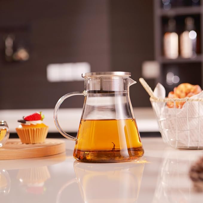 CNGLASS 40oz/1200ml Glass Teapot Stovetop Safe,One-Touch Clear Tea Kettle,Blooming and Loose Leaf Tea Maker
