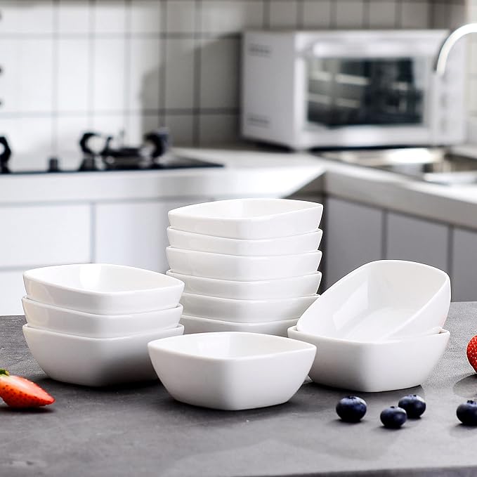 MALACASA 5 oz Porcelain Dip Bowls Set, 12 Pack Small Ramekins Stackable | Stackable Porcelain Dipping Sauce Dishes for Dessert, Snack, Brulee and Charcuterie