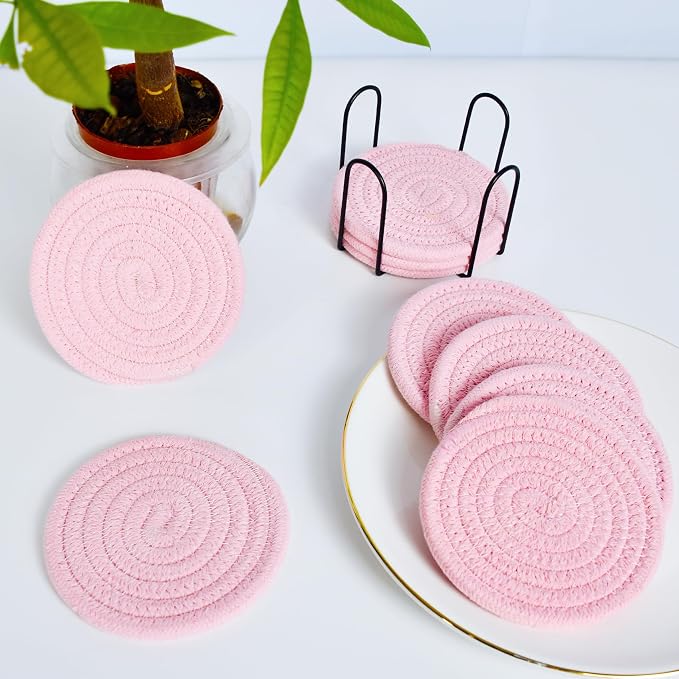 ABenkle 8 Pcs Drink Coasters with Holder, Cotton Woven Absorbent Coasters for Drinks, Minimalist Home Decor Coaster Set for Wooden Tabletop Protection Table, 4.3 inches Bright Pink