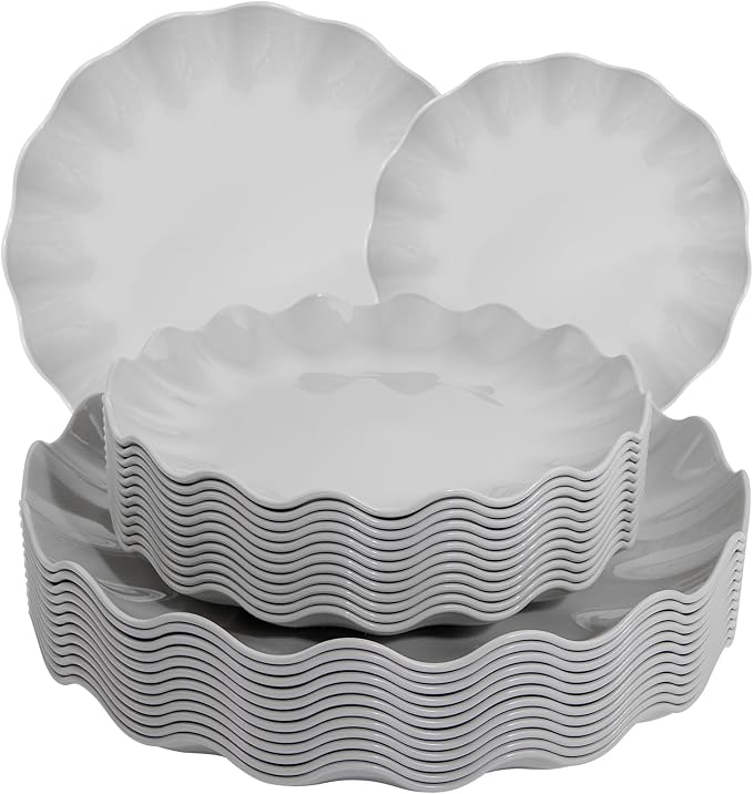 LIYH 24 Pcs Plastic Grey Scalloped Plates Reusable, Unbreakable Dinner Plate and Salad Plate, Dishwasher Safe Outside Plates for Parties, Picnics 12 Guests