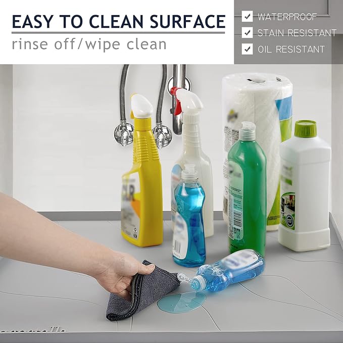 Heavy Duty Silicone Under Sink Mats for Kitchen Waterproof 19" x 19", Extra Thick Under Sink Rubber Mat Drip Tray, Raised Edge Under Sink Liner,Prevent Drips, Leaks, Spills,Grey