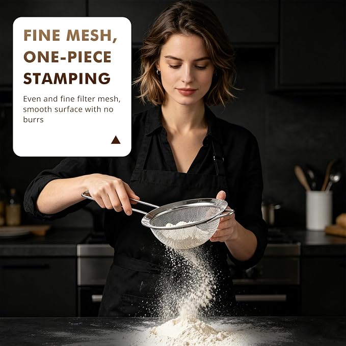 NileHome 3 Piece Mesh Strainers, Stainless Steel Strainer for Sifting, Straining, Cooking Kitchen Strainers Fine Mesh for Flour, Pasta, Loose Tea, Fruit, and Rice, Silver(2.8"+4.6"+6.3")