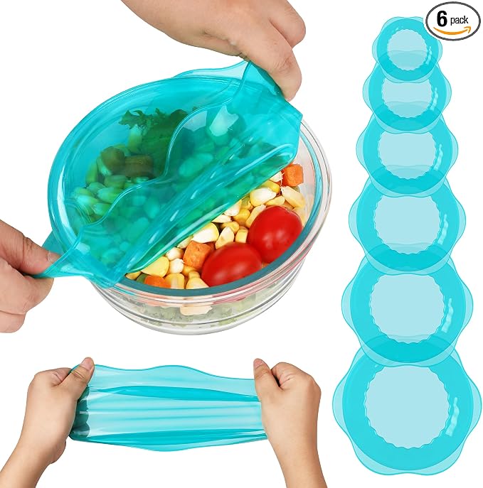 Silicone Stretch Lids for Food Storage in Fridge, Reusable Elastic Bowl Covers for Cup, Cans, Jars, Round & Rectangle Container, Food Grade Silicone Microwave Food Cover, Heat-Resistant, Blue, 6PCS