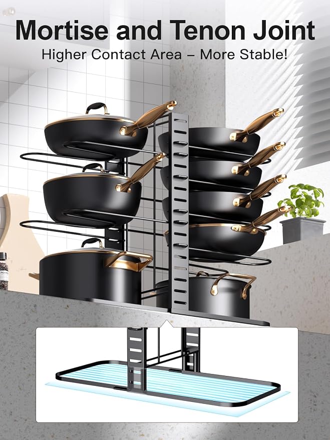 MUDEELA 8-Tier Lightweight Pots and Pans Organizer under Cabinet, 14.55" H | 3 DIY Methods, Adjustable pot rack, Fits 6"-11" pots and pans, Pot lid organizer inside cabinet, Kitchen storage