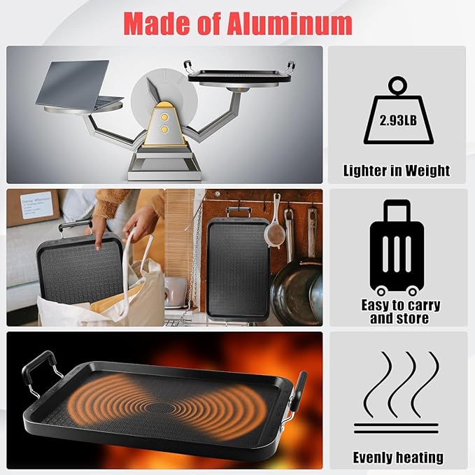 Stove Top Griddle 17 Inch, Warp-Resistant Nonstick 2 Burner Griddle Pan for Gas Stove, Aluminum Flat Top Grill & Pancake Griddle for Indoor Cooking, Camping, Outdoor BBQ
