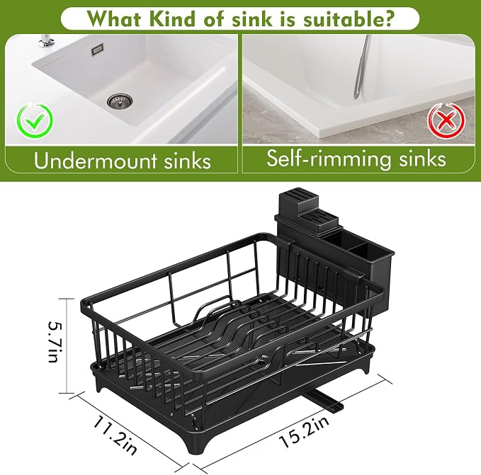Kmiectse Dish Drying Rack for Small Kitchen Counter with Utensil Holder | Space Saving, Rust Resistant, Quick Drainage Dish Rack, Compact Dish Drainer Organizer for Home Kitchen, Black