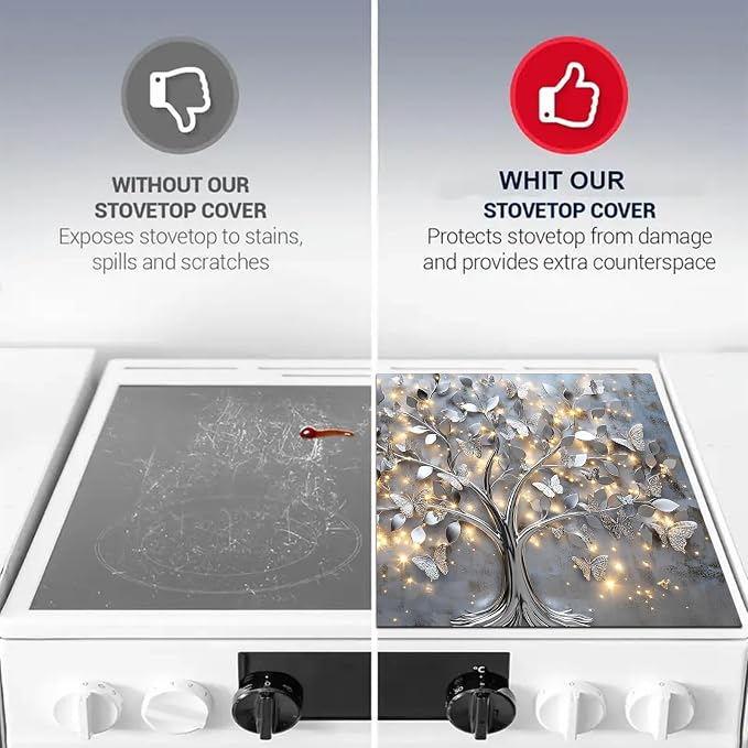 HOMETITUTE Silver Butterfly Tree Stove Top Cover 28x20 Diatomite Mat