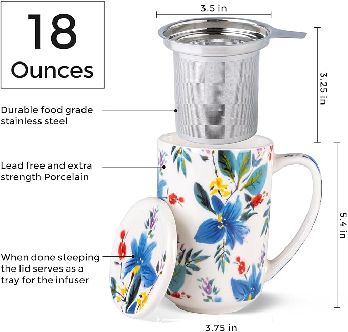 AmorArc Tea Cup With Infuser and Lid, 18oz Loose Leaf Tea Mug With Steeper | Porcelain Tea Mug With Infuser and Lid, Large Strainer Tea Cup with Lid for Tea, Coffee Mug for House-warming Birthday Gift