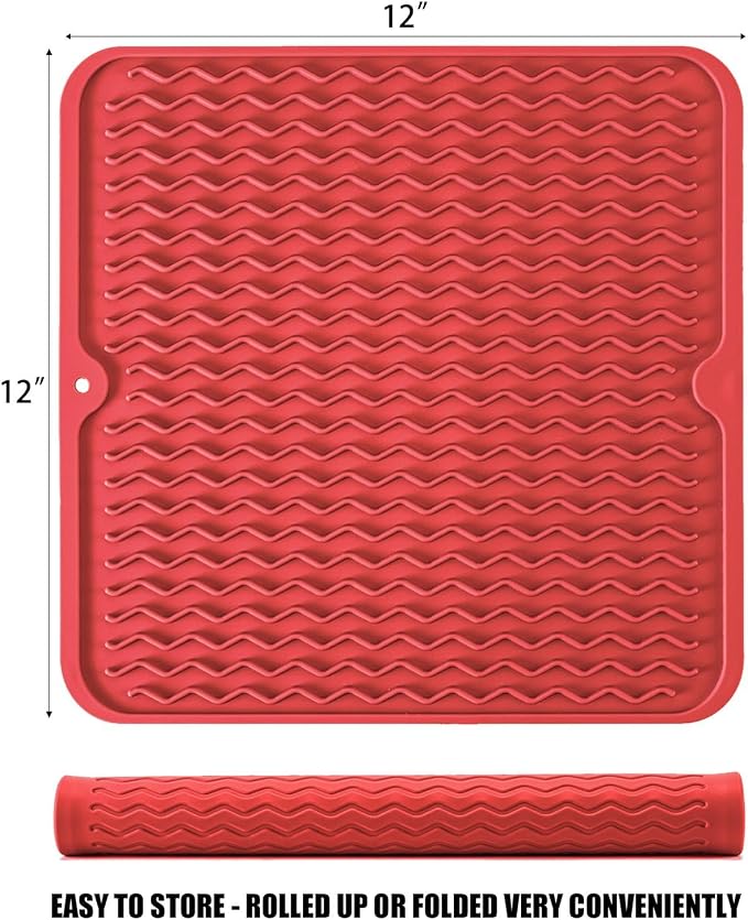 Silicone Dish Drying Mat, Non-Slip Easy Clean Sink Mat, Red, 12" x 12" | Quick-Dry Ridges, Large Heat-resistant Dish Drainer Mat for Kitchen Counter, Hangable & Roll-Up for Storage, Dishwasher Safe